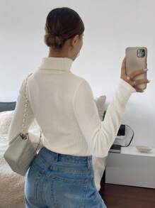 SHEIN Frenchy Camiseta de cuello alto ajustada de unicolor cálida para otoño/invierno, retro, elegante para mujer, ropa de festival, casual de negocios, blusas de mujer, ropa elegante de otoño para mujer, disfraces de fiesta, disfraces navideños, disfraces de cita, disfraces de fiesta, disfraces de Halloween