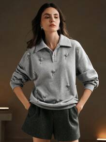 Anewsta Women's Elegant Casual Pearl Embellished Collar Pullover Sweatshirt, Christmas & New Year Outfit  Fall Outfit - Light Grey - View 6