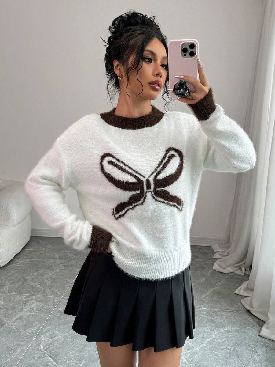 Chiquease Color Block Dropped Shoulder Bowknot Crew Neck Contrast Trim Sweater For Women Knit Pullover Fall Winter - White - View 1