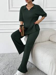 EURMUSE Zweiteiliges Set aus Poloshirt und Hose aus Baumwolle mit Rippenmuster - Dunkelgrün - Übersicht 3