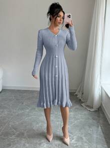 Elenzga Women's Solid Color Front Button Long Sleeve Simple Casual Sweater Dress - Grey - View 6