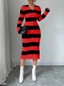 SHEIN Unity Women V-Neck Color Block Striped Print Button Front Long Sleeve Sweater Dress - Red - View 3