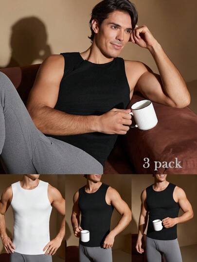 3pcs/Set Men Solid Color Crew Neck Sleeveless Warm Vests, For Autumn/Winter