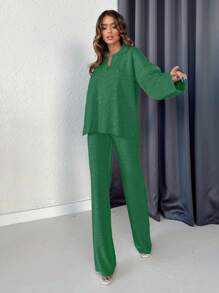 SHEIN Cottnline 2 件套女士简约纯色 V 领长袖上衣和裤子 - 墨綠色 - 查看 5