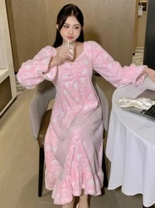 DAZY Flannel Heart Pattern Ruffle Hem Nightgown, Winter Pajama - Pink - View 7