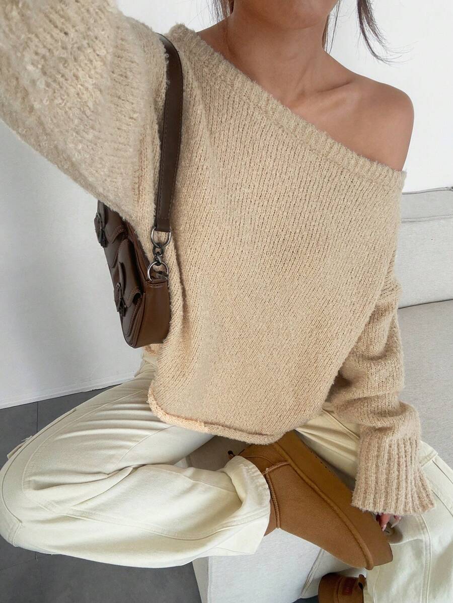 SHEIN Unity Áo len dài tay cổ lệch dáng rộng rãi, đa năng, thích hợp mặc mùa thu đông. - Màu Khaki - Xem 1