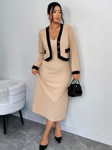 SHEIN Unity Plus Size Contrast Trim Button Front Long Sleeve Top And Sleeveless Dress Elegant 2Pcs Set - Khaki - View 4
