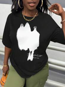 INAWLY Maglietta casual estiva da donna con stampa di lettere collo tondo e spalle cadenti - nero - Visualizzare 1