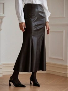 GENKIRA Saia midi minimalista com design dividido premium vintage elegante estilo francês - Castanho - Ver 4