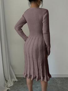 Elenzga Women's Solid Color Button Front Long Sleeve Casual Sweater Dress - Coffee Brown - View 2