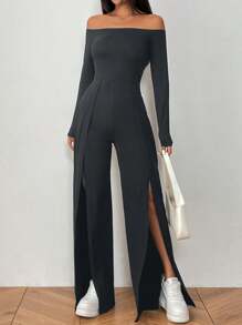 SHEIN Unity Black Off Shoulder Long Sleeve Straight-Leg Jumpsuit With Front High Split