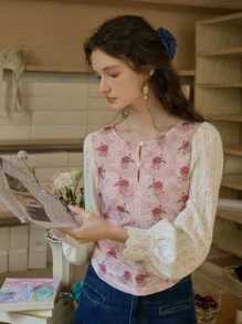 Simple Retro Women's Round Collar Full Print Rose Shirt - Pink - View 1