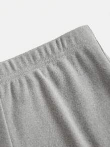 SHEIN 2 件套青少年女孩灰色简约圆领长袖抽绳侧褶 T 恤和喇叭裤舒适羊毛保暖休闲套装，秋冬