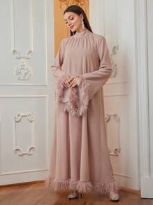 Al Najma 女士蓬松拼布宽松优雅阿拉伯连衣裙，优雅朴素长袖卡夫坦阿拉伯连衣裙，适合晚会/婚礼嘉宾/周年纪念 - 粉色 - 查看 4
