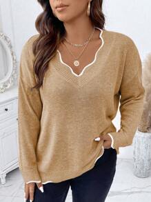 Calvaya Pull long à manches longues avec bordure bicolore, tailles grandes, pour l'hiver