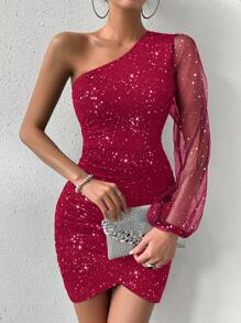 Rafferiza 女式春夏派对亮片网纱透明袖金属面料紧身单肩连衣裙新年服装红色闪光连衣裙红色闪亮连衣裙单肩连衣裙红色亮片连衣裙闪亮华丽连衣裙 - 紅色 - 查看 6