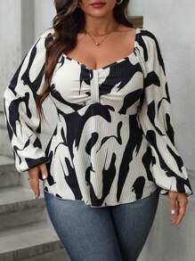 Flirla Plus Size Casual Random Print Lantern Sleeve T-Shirt, Autumn - Multicolor - View 3