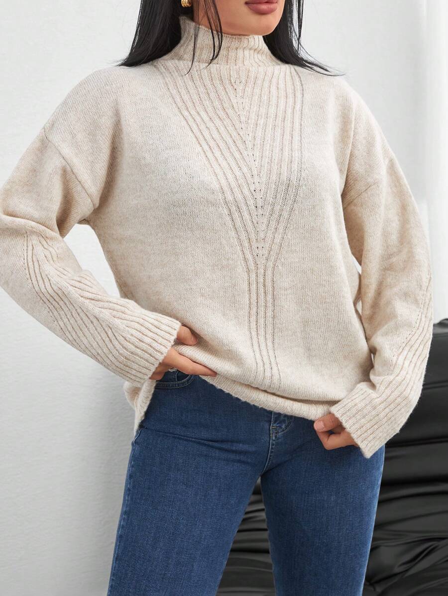 RueChic Plus High-Neck Asymmetric Knit Design Detailed Soft Yarn Sweater, For Winter - Apricot - View 1