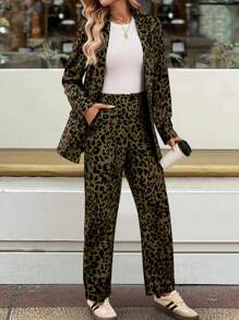 Chiquease 2pcs Women Leopard Print Suit Jacket And Pants Set