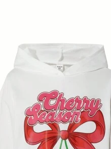 青少年女孩休闲时尚蝴蝶结印花连帽运动衫和松紧腰喇叭裤两件套 - 粉色 - 查看 3