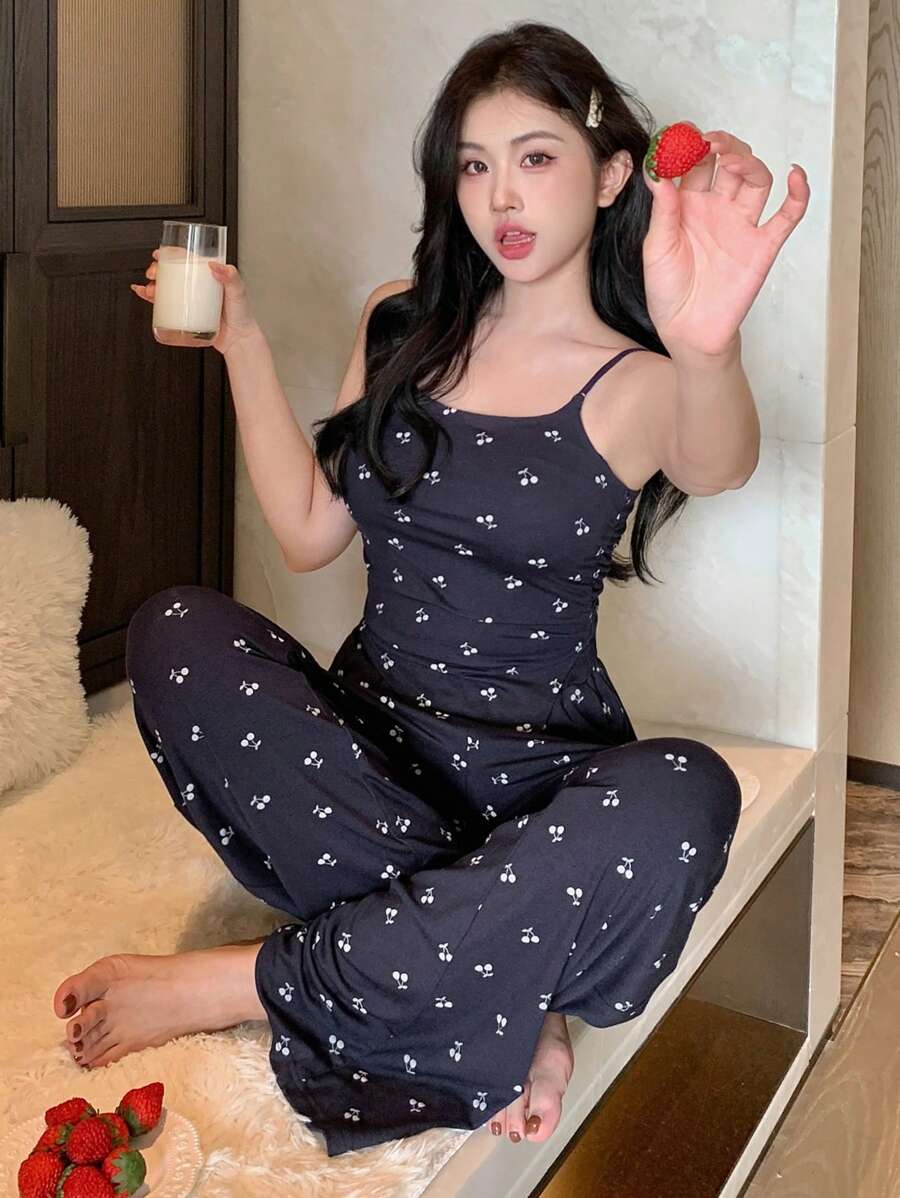 DAZY Allover Print Asymmetrical Fitted Camisole & Loose Straight Leg Pants Sleepwear Set