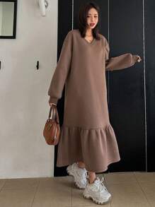 DAZY 女式纯色 V 领落肩长袖荷叶边下摆中长连衣裙，秋季连衣裙 - 棕色 - 查看 8