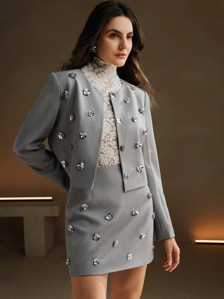 2pcs Set Women's French Style 3D Metal Sequin Embellished Cropped Round Neck Gray Jacket And Skirt