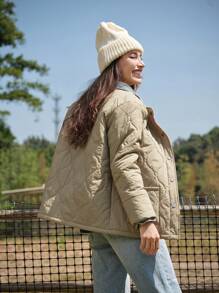 LanaWest Women Casual Khaki Round Neck Button Pocket Quilted Padded Padded Coat Clothes Winter