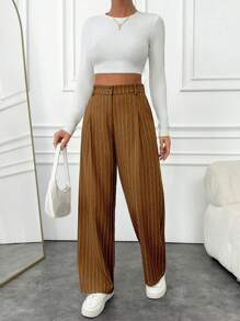 EURMUSE Women's Beige Striped Low Waist Pants - Beige - View 4