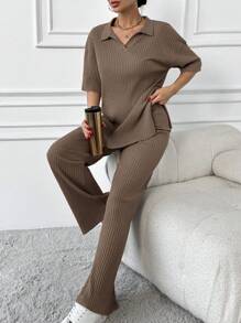 RueChic Cotton Two Pieces Set Polo Neck Top And Pant Set Rib Knit Fabric - Mocha Brown - View 3