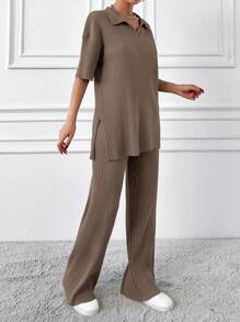 RueChic Cotton Two Pieces Set Polo Neck Top And Pant Set Rib Knit Fabric - Mocha Brown - View 4