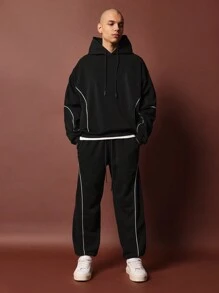 SUMWON Regular Fit Overhead Hoodie & 90s Fit Jogger With Piping 2 Piece Set - Black - View 1