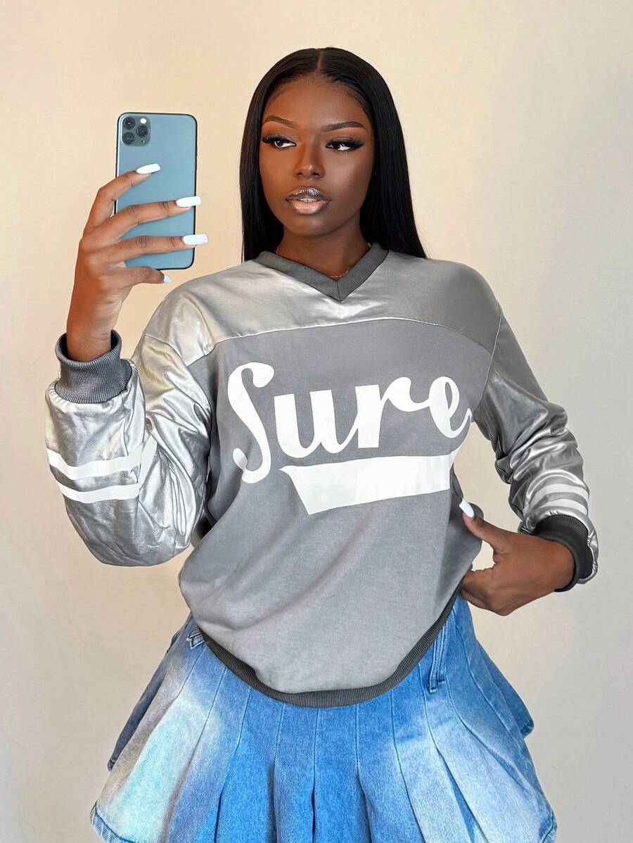 BamGleam Moletom Casual Feminina de Manga Longa com Decote em V, Estampa de Letra e Contraste de Cor - Multicolorido - Visão 1