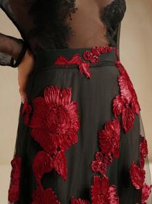 Anewsta New Vintage Elegant Versatile Floral Embroidery Mesh High Waist A-Line Skirt, Autumn/Spring Maxi, Christmas - Multicolor - View 4