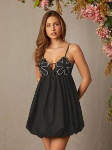 L'Amorae Winter Women Clothes, Women's Elegant Diamond Decor Floral Embellished Sleeveless Black Mini Bubble Dress With Spaghetti Straps. For Date Night, Performances, Music Festivals, Parties, Clubs, Holidays, Evening, Formal Dress