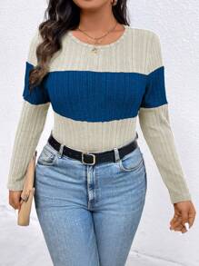 SHEIN LUNE Plus Size Round Neck Long Sleeve Solid Color Stitching Simple T-Shirt Daily Leisure Graphic Tees Women Tops For Spring Outfit