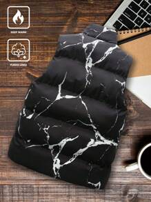 Manfinity Roghcode Men All-Over Print Zipper Front Sleeveless Padded Coat, Winter - Black - View 2