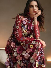 Anewsta 优雅圣诞 3D 花朵刺绣深 V 领喇叭下摆长裙 女士酒红色长裙 - 酒紅色 - 查看 3