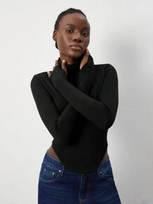 Lunelith SHEIN Lunessa 1pc Women's Casual High Neck Fitted Black Long Sleeve Tee, Versatile For Autumn/Winter