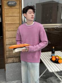 Manfinity Hypemode Men Solid Crew Neck Casual Pullover Sweater - Dusty Pink - View 6