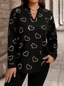 Plus Size Woven Heart Hot Stamping Crew Neck Long Sleeve Shirt, Autumn/Winter