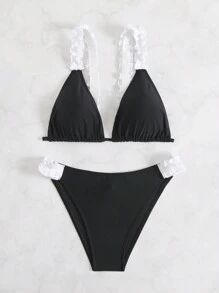 Women Sexy Black & White Splicing Ruffled Strap Bikini Set Summer - Black - View 6
