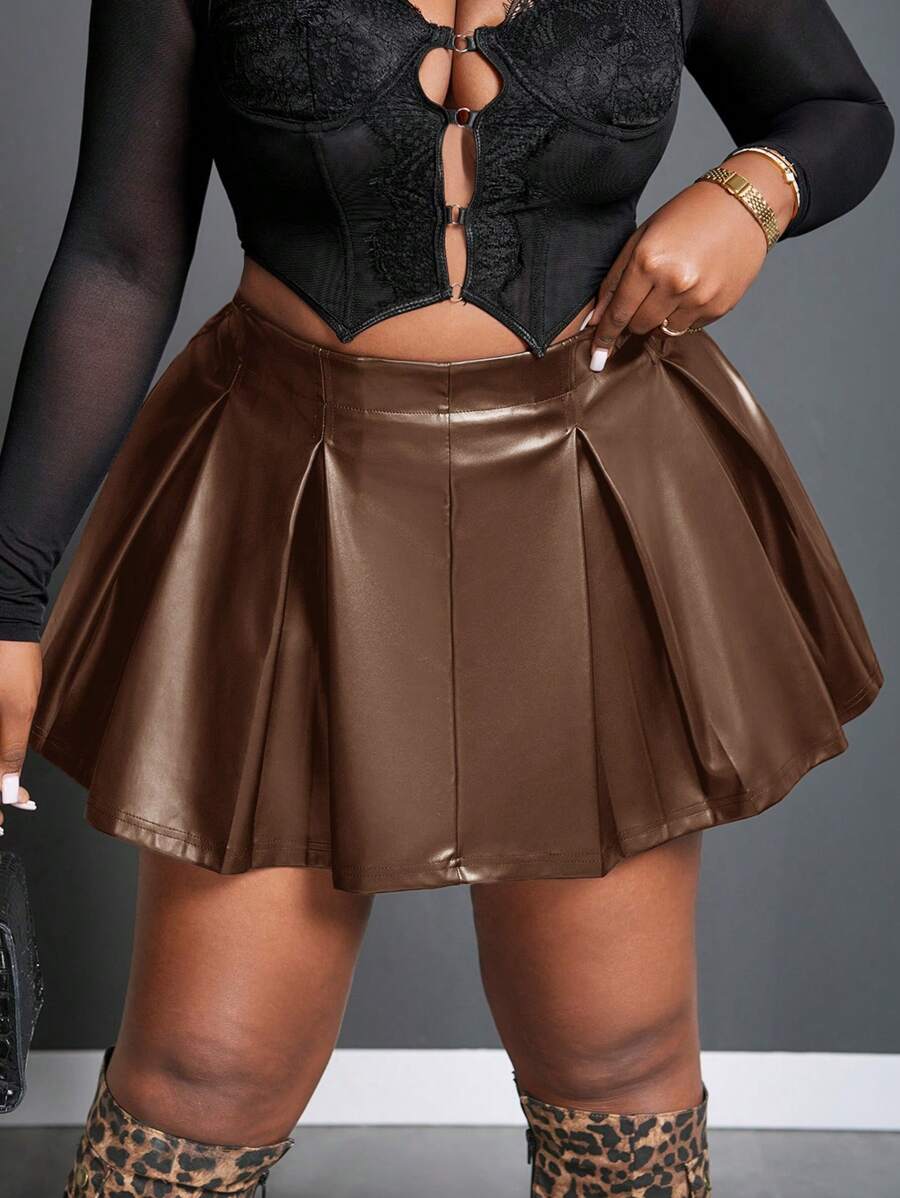 Slaydiva Street Casual A-Line PU Plus Size Skirt-C - Brown - View 1