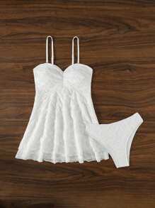 Swim Mod Bộ 2 chiếc/Bộ Bikini hai dây màu trắng, Áo dệt kim có họa tiết xếp nếp và Quần bikini khoét sâu hở lưng mùa hè - trắng - Xem 5