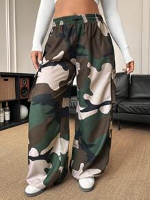 Calvaya Pantalones cargo de talla grande con estampado de camuflaje y cintura con cordón - Multicolor - Ver 5