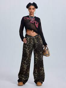 SHEIN ICON Women's Button Front Pocket Leopard Print Pants, Casual For Everyday Wear Low Rise Straight Leg Jeans - Brown - View 3