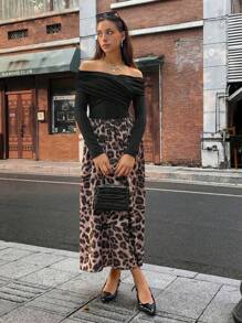 SHEIN Unity 1pc Off-Shoulder Leopard Print Fitted Elegant Long Sleeve Dress Fall Cloth For Women - Coffee Brown - View 5