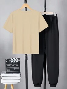 2 件套青少年男孩休闲字母印花圆领短袖上衣和裤子套装 - 卡其色 - 查看 2