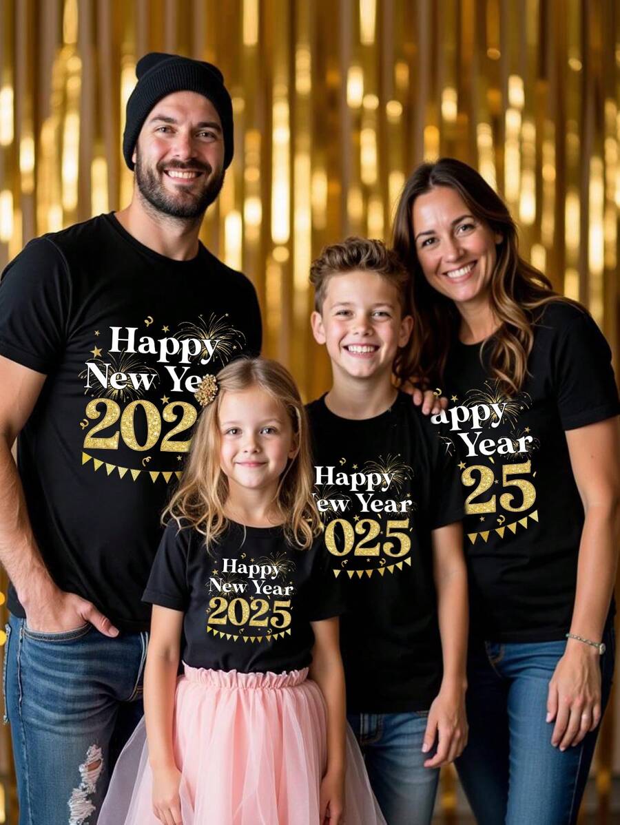 SHEIN 1 Piece Of Young Girl Casual Shiny New Year Greetings Pattern Printed Round Neck Short-Sleeved T-Shirt Suitable For New Year Family Party New Year Gift Family Matching Mommy And Me (4 Pieces Are Sold Separately) - Black - View 1