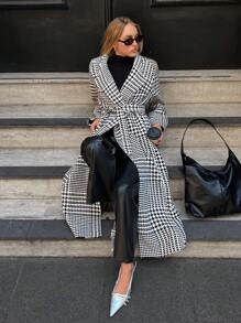SHEIN Cottnline Casual Houndstooth Pattern Long Coat, Autumn/Winter - Black and White - View 3